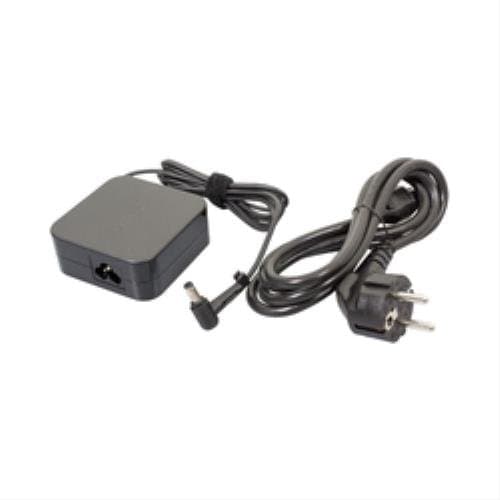 Black ASUS 65W power adapter with a compact square body, featuring a power input socket and a long cable ending in a two-prong plug.