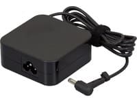 Black ASUS 65W power adapter with a compact design, featuring a three-prong input and a right-angle output connector, secured with a cable tie.