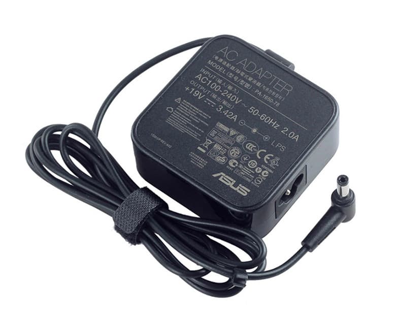 Black ASUS 65W power adapter with a square design, featuring a textured surface, a long black cable, and a cylindrical connector tip.