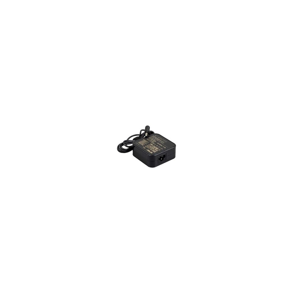 Black ASUS 65W power adapter with a compact design, featuring a textured surface and a power cable attached, suitable for indoor use.