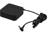 Black ASUS power adapter with a compact rectangular design, featuring a coiled cable and a right-angle connector, rated at 90 W for indoor use.