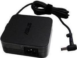Black ASUS 90W power adapter with a compact square design, featuring a cable and a connector for charging devices, made of durable plastic material.