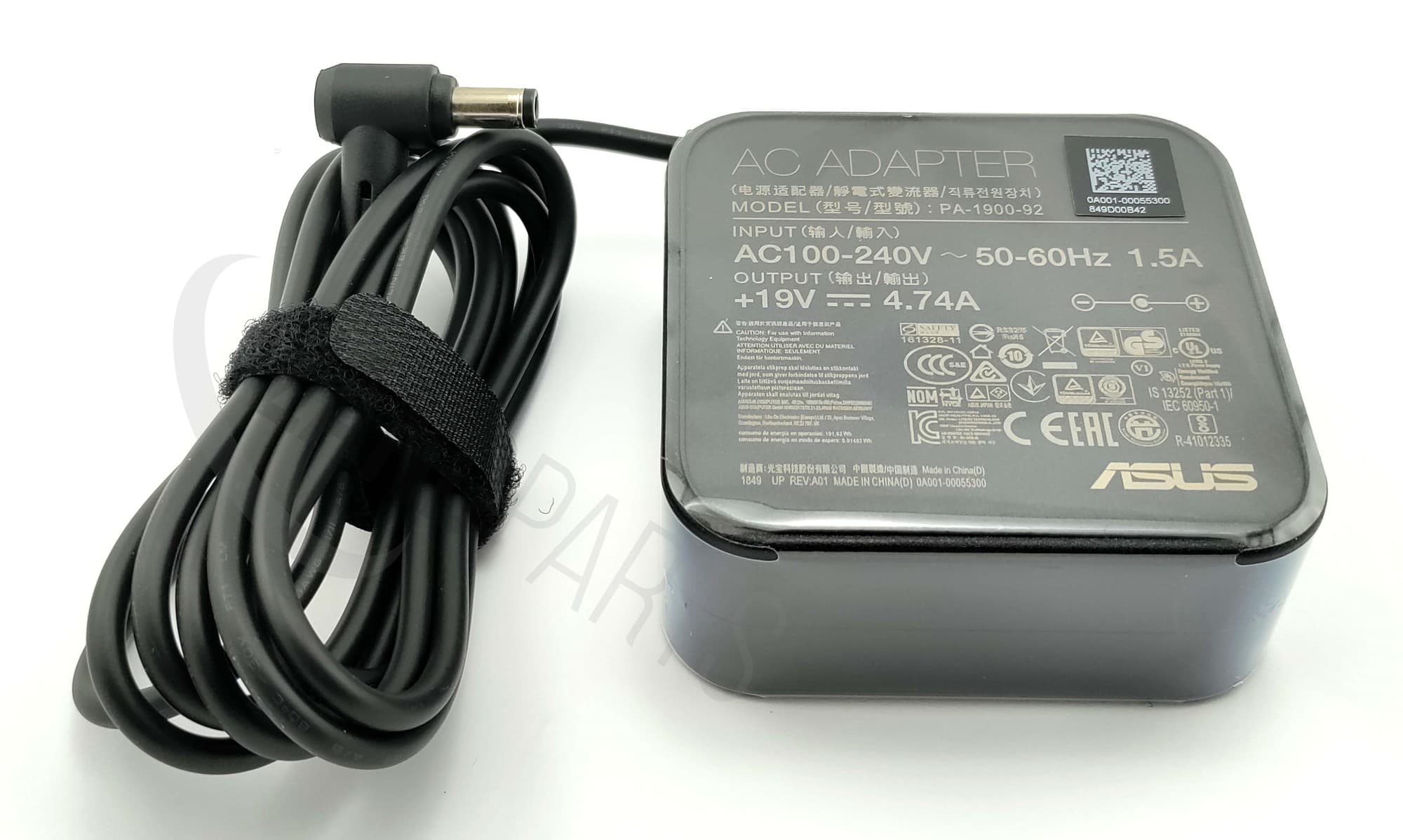 Black ASUS 90W power adapter with a rectangular design, featuring a round connector, a thick cable, and labels detailing input and output specifications.