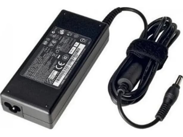 Black ASUS 90W power adapter with a textured surface, featuring a detachable cable secured by a Velcro strap and a round connector at the end.