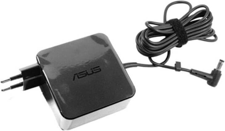 Black ASUS 45W power adapter with a glossy finish, featuring a two-prong plug, a coiled cable, and a right-angle connector, marked with the ASUS logo.