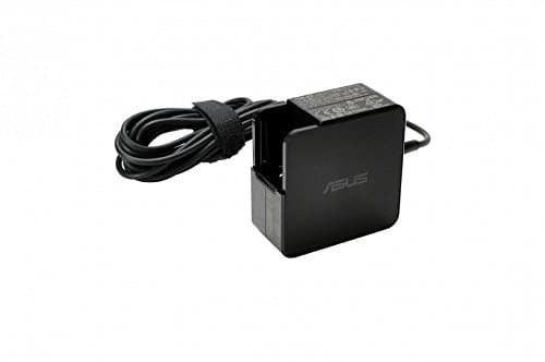 Black ASUS 45W power adapter with a compact design, featuring a textured surface, a detachable power cord, and the ASUS logo prominently displayed on one side.