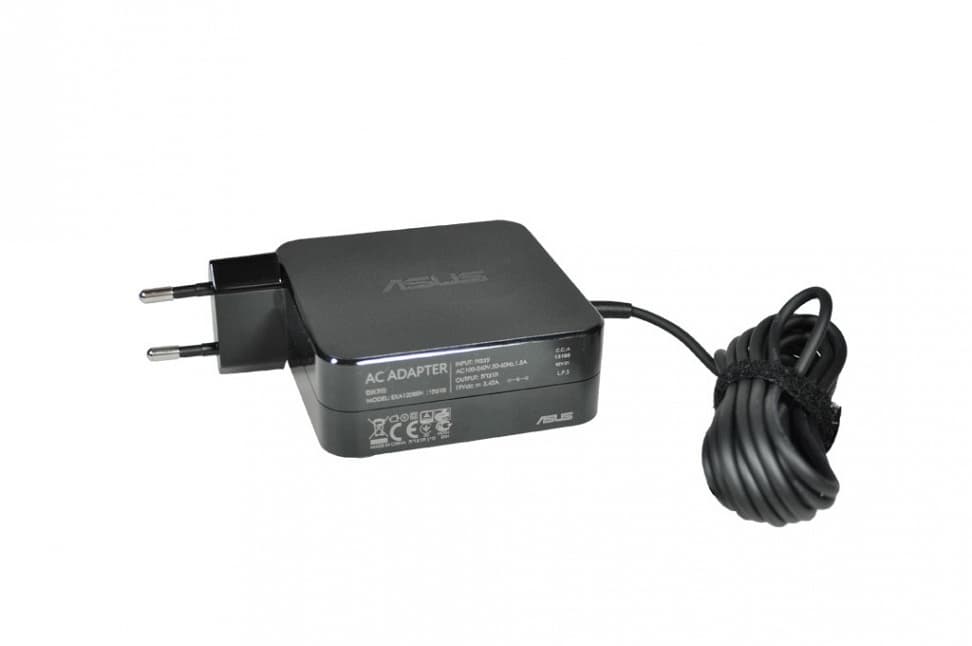 Black ASUS 65W power adapter with a compact design, featuring two prongs for wall connection and a coiled black cable for easy management.