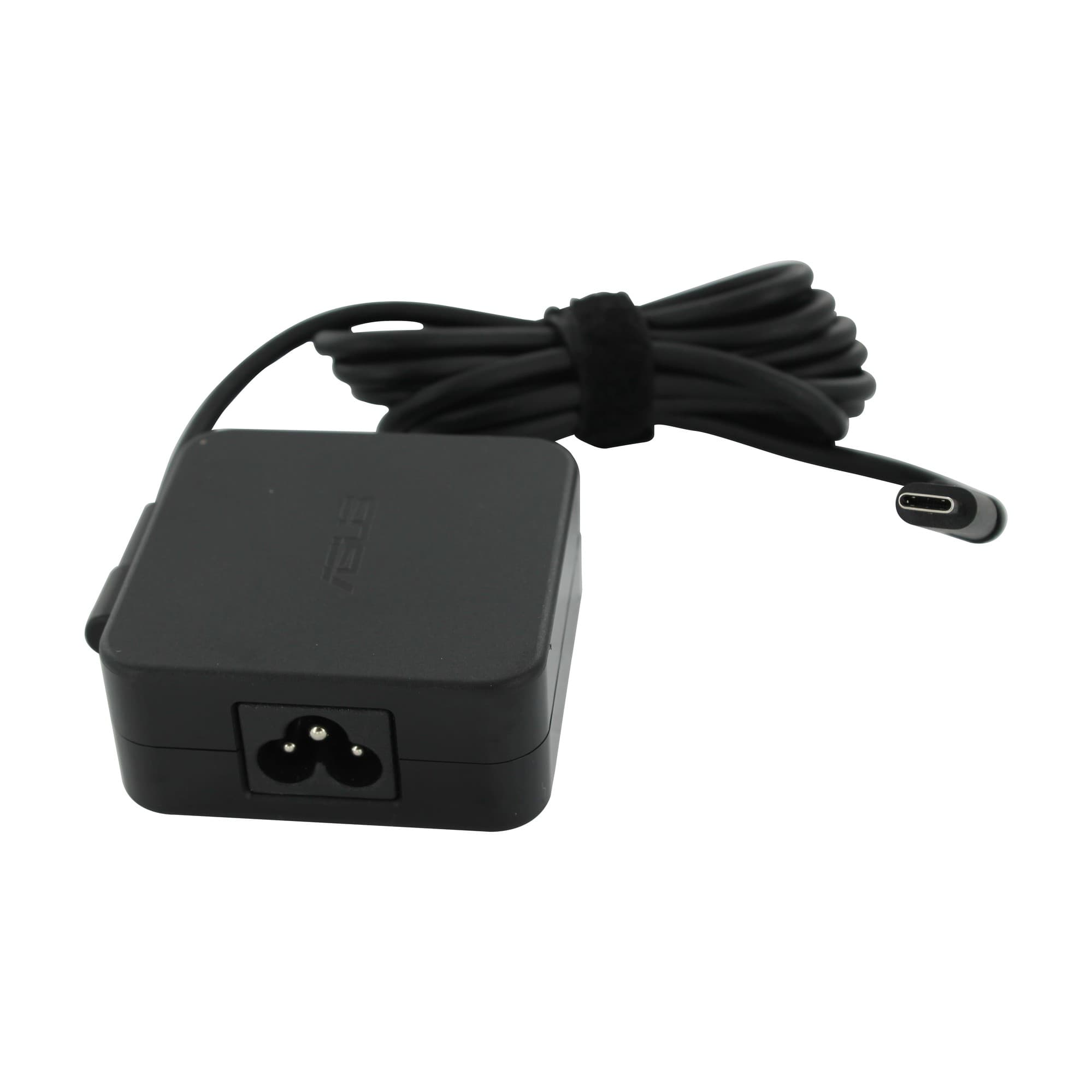 Black ASUS power adapter with a compact design, featuring a two-prong input and a USB-C output, accompanied by a flexible cord for indoor use.