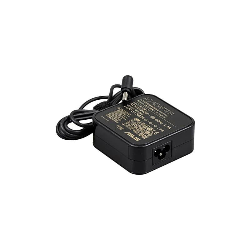 Black ASUS 65W power adapter with a compact design, featuring a textured surface, a power input port, and a coiled cable for easy organization.