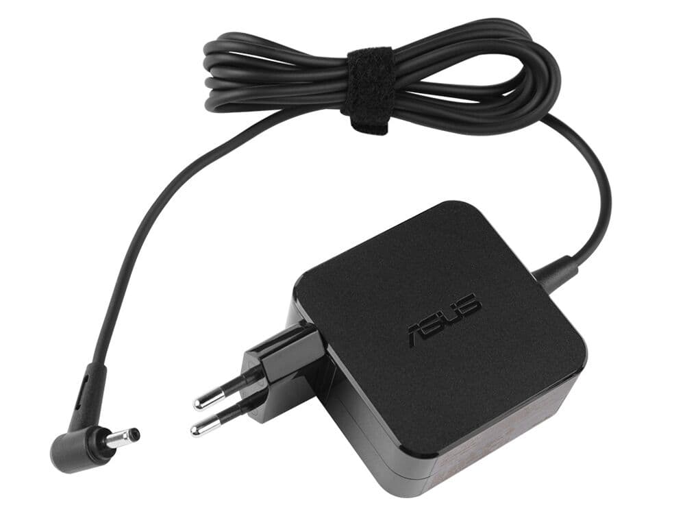 Black ASUS 0A001-00691800 power adapter with a compact square design, featuring a detachable cable and a two-prong plug for indoor use, rated at 45 W.