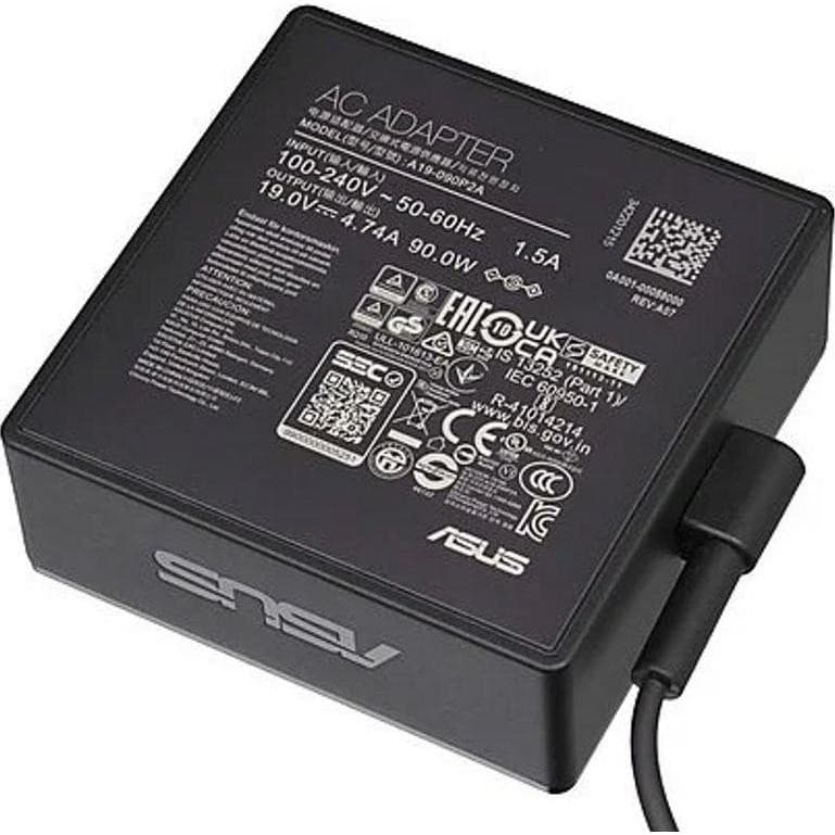 Black ASUS power adapter with a square design, featuring input/output specifications printed on the surface, and a power cord attached for indoor use, rated at 90W.