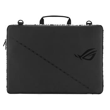 Black ASUS Ranger Carry Sleeve for 16-inch laptops, featuring a sleek design, a textured surface, and a prominent ASUS ROG logo on the front.