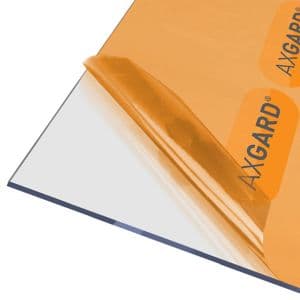 Clear 3mm polycarbonate roofing sheet with UV protection, measuring 1000 x 2000mm, featuring a transparent surface and a protective film on one side.