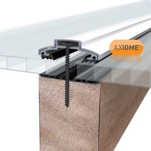 Clear 10mm twinwall polycarbonate roofing sheet with a transparent finish, featuring a cross-section view showing the internal structure and a screw attachment.