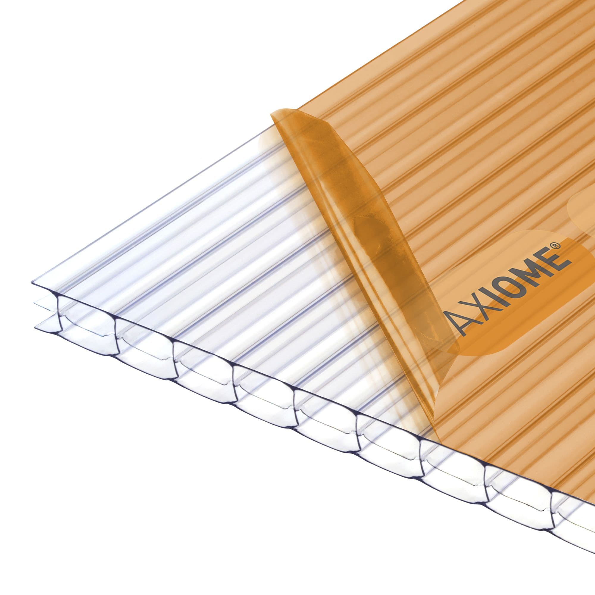 Clear 16mm multiwall polycarbonate sheet with a honeycomb structure, measuring 1000mm by 2100mm, featuring a transparent finish and a subtle amber tint.