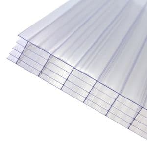 Clear 25mm multiwall polycarbonate roofing sheets stacked, measuring 1000 x 5000mm, showcasing a translucent finish and ribbed texture for enhanced durability and light transmission.