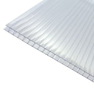 Clear 6mm twinwall polycarbonate roofing sheet, measuring 1000 x 4000mm, features a transparent design with a ribbed texture for enhanced strength and light diffusion.
