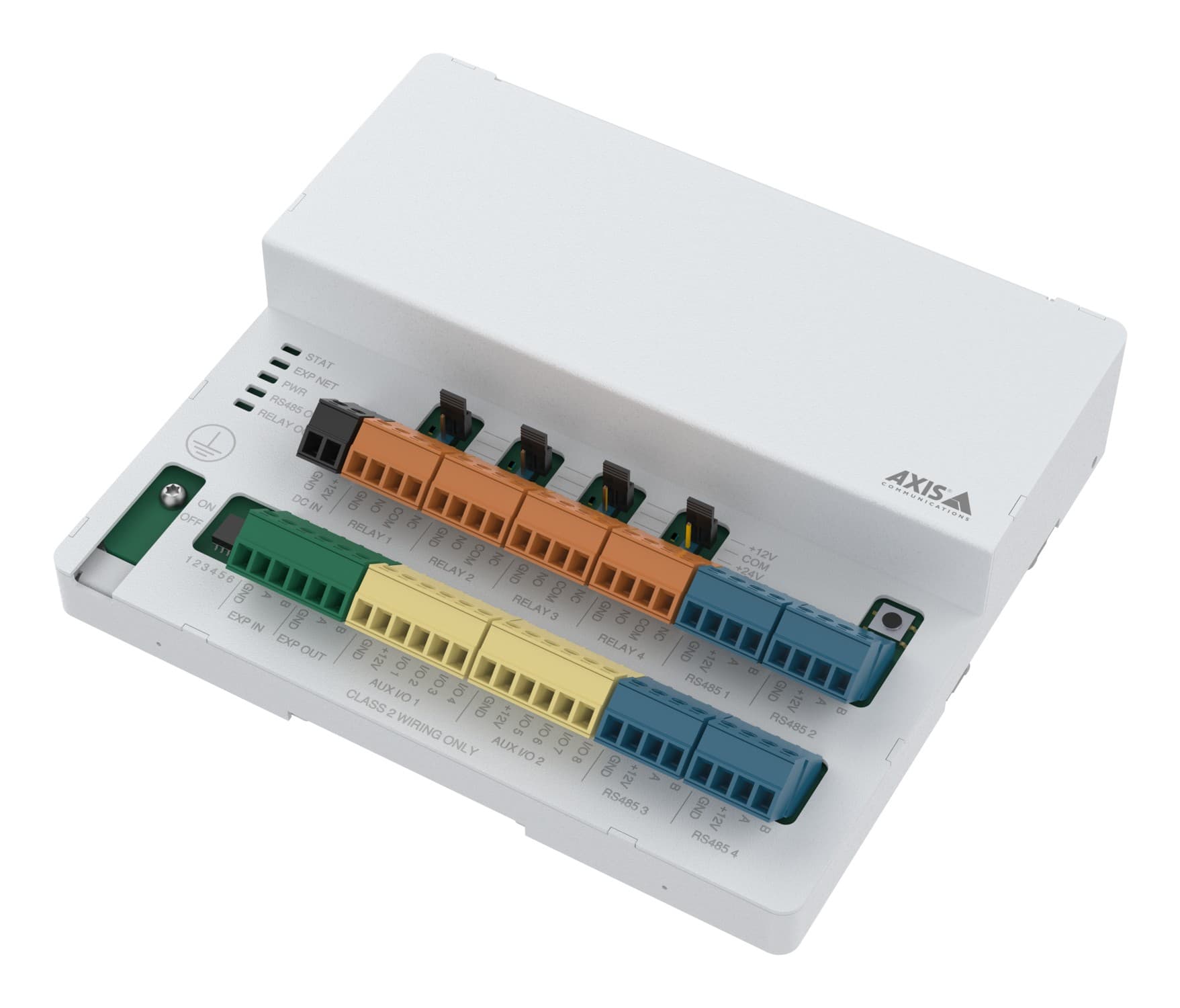 The Axis A9910 is a white, rectangular device with multiple colored terminal blocks (orange, yellow, blue) and indicator lights on one side, designed for connectivity and integration.