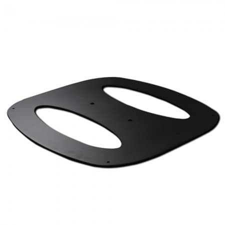 Large black floor base for display stands, made of sturdy material, featuring two oval cutouts for stability and easy mounting.