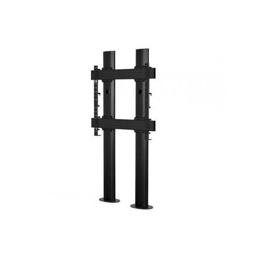 Premium black bolt-down twin column stand for single screens, featuring sturdy metal construction and adjustable mounting brackets for secure display.
