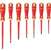 Bahco 7 Piece Insulated Screwdriver Set with red handles and yellow accents, featuring flathead and Phillips tips.