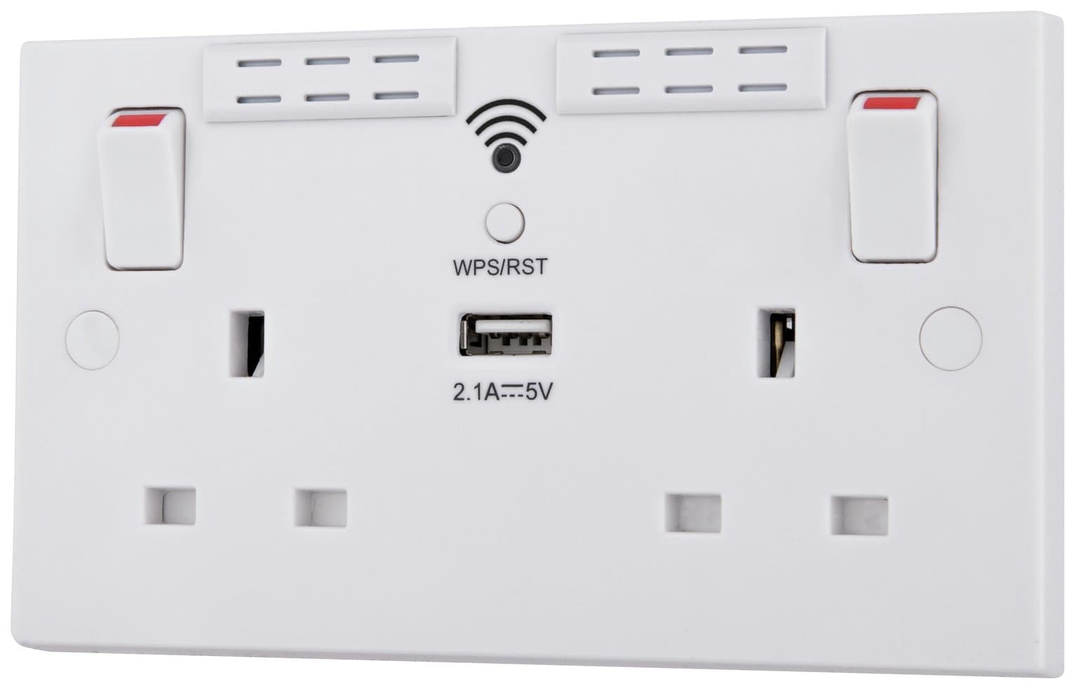 White double switched socket with two gang outlets, USB port, WPS button, and WiFi signal indicator, featuring a sleek plastic design and red switches.