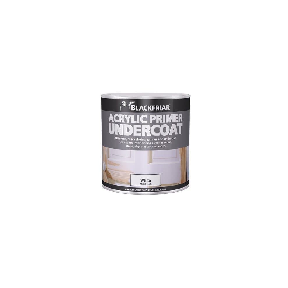 White acrylic primer undercoat in a cylindrical can with a black label, featuring bold text stating "BLACKFRIAR ACRYLIC PRIMER UNDERCOAT" and a white color swatch.