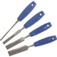 BlueSpot 4 Piece Wood Chisel Set with blue ergonomic handles and silver steel blades in varying widths.