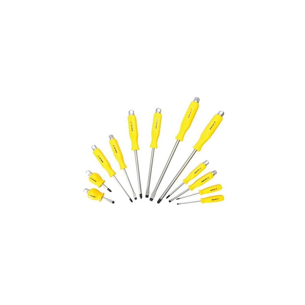 BlueSpot Tools 12058 Hex Drive Screwdriver Set featuring 12 pieces with yellow rubber grips and chrome-plated steel shafts for durability and ease of use.