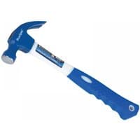 Blue claw hammer with fibreglass shaft, rubber grip, and BlueSpot branding on the handle.