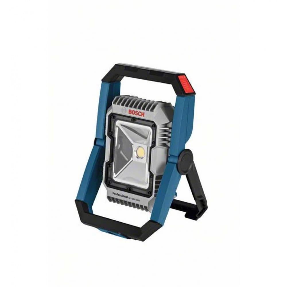 Cordless jobsite light in blue and gray, featuring a sturdy handle, adjustable stand, and a bright LED panel, designed for versatility and portability in various work environments.