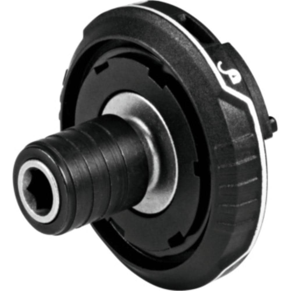 Black and silver Bosch FlexiClick bit holder with a circular design, featuring a hexagonal socket and textured grip for secure attachment and easy handling.