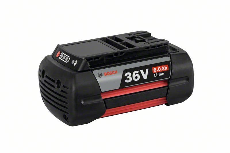 Bosch GBA 36V Li-ion battery with a black and red design, featuring a 6Ah capacity, LED charge indicators, and a robust casing for durability.