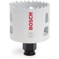 White Bosch hole saw with jagged edge, red logo, and black base, designed for metal and wood cutting.