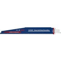 Blue Bosch reciprocating saw blade with carbide teeth, labeled "EXPERT" for wood and metal demolition.