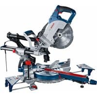 Bosch GCM 8 SJL 216mm sliding compound mitre saw, blue and silver with red accents, 110V power, adjustable base.