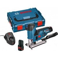 Bosch blue cordless jigsaw with black handle, lithium battery, charger, and blue carrying case with red latches.