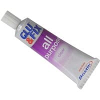 Bostik All Purpose Adhesive tube, purple and white with a white cap and "Glu & Fix" branding.