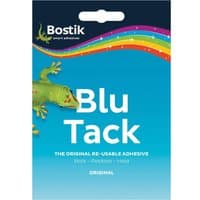 Bostik Blu Tack Handy, blue reusable adhesive in blue packaging with colorful rainbow and gecko design.