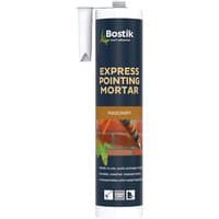 Bostik Express Pointing Mortar tube with nozzle, blue label, orange text, and masonry imagery.
