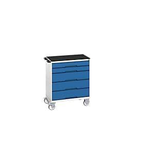 Verso mobile cabinet by Bott features five blue drawers, a black top surface, and sturdy wheels for easy mobility, designed for versatile storage solutions.