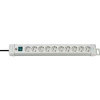 Grey Brennenstuhl power extension strip, 3m cord, 10 AC outlets, rectangular design, with a blue switch.