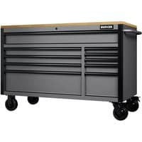 Light grey 10-drawer workbench roller tool cabinet with black handles, wooden top, and caster wheels.