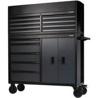 Grey Bunker 13-drawer roller cabinet and tool chest, 52-inch, with black handles and large wheels.