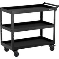 Black Bunker 3 Tier Utility Service Cart with three shelves, metal frame, and four swivel caster wheels.