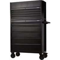 Black Bunker 9 Drawer Roller Cabinet and Tool Chest Combo with wheels and side handle, featuring a sleek design.