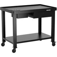 Black Bunker Mobile Teardown Workbench with two drawers, lower shelf, and four caster wheels.