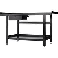 Black Bunker steel workbench with single drawer, lower shelf, and adjustable feet.