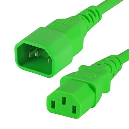 Green PVC power lead featuring IEC C14 and IEC C13 connectors, measuring 0.3 meters with a 0.75mm wire gauge, designed for electrical connections.