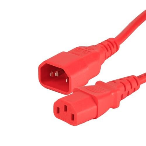 Red PVC power lead measuring 0.5m, featuring IEC C14 and IEC C13 connectors, designed for electrical connections with a 0.75mm wire gauge.
